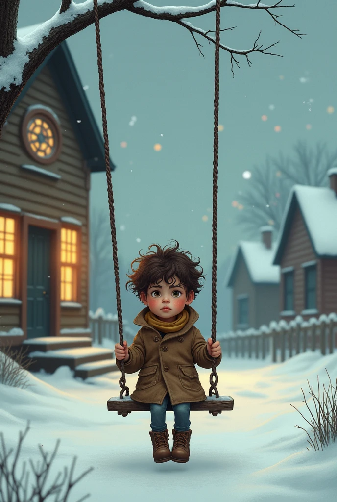 A very simple drawing of a  curly haired orphan boy sitting on a swing outside a school in a small town on Christmas Eve  