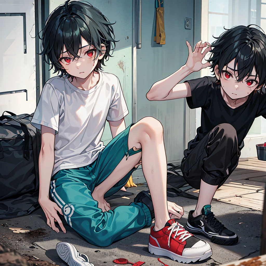 a young boy, around 12, bored, black messy hair, red eyes, wearing light blue t-shirt and dirty green knee lenght pants, sneakers, a bit of dirt on his face