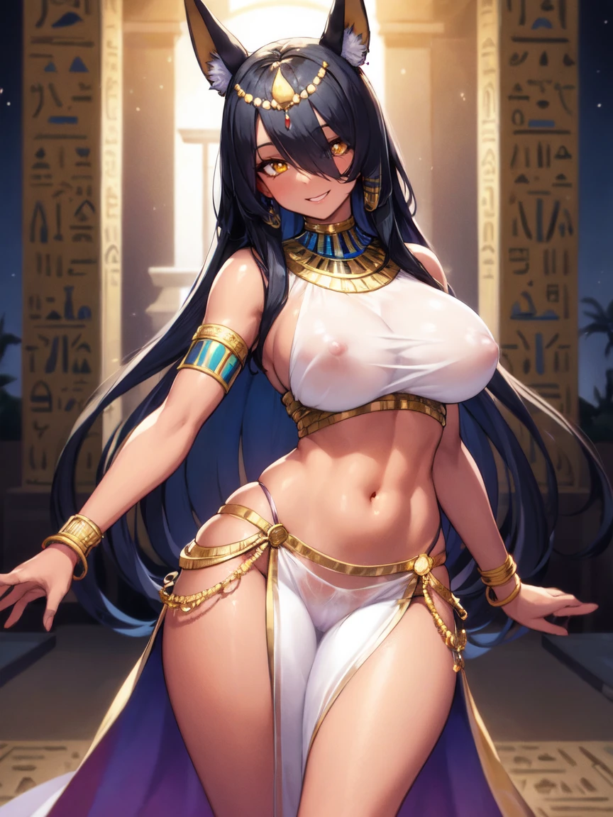 (SLE, mksks style, detailed background:1.1), (solo:1.3), mature, woman, dark skin, ornate egyptian outfit, long hair, black hair, beautiful hair, hair over eye, yellow_eyes, voluptuous body, happy, head tilt, volumetric lighting, (outdoor:1.3), egyptian house, colorful, large breasts, nice hips, female anubis, egyptian clothes, egyptian mythology, see-through (white silk), mature, milf, 30 years old, lewd outfit, nipple bulge in top, pelvic curtain, midriff, dancer, dancing