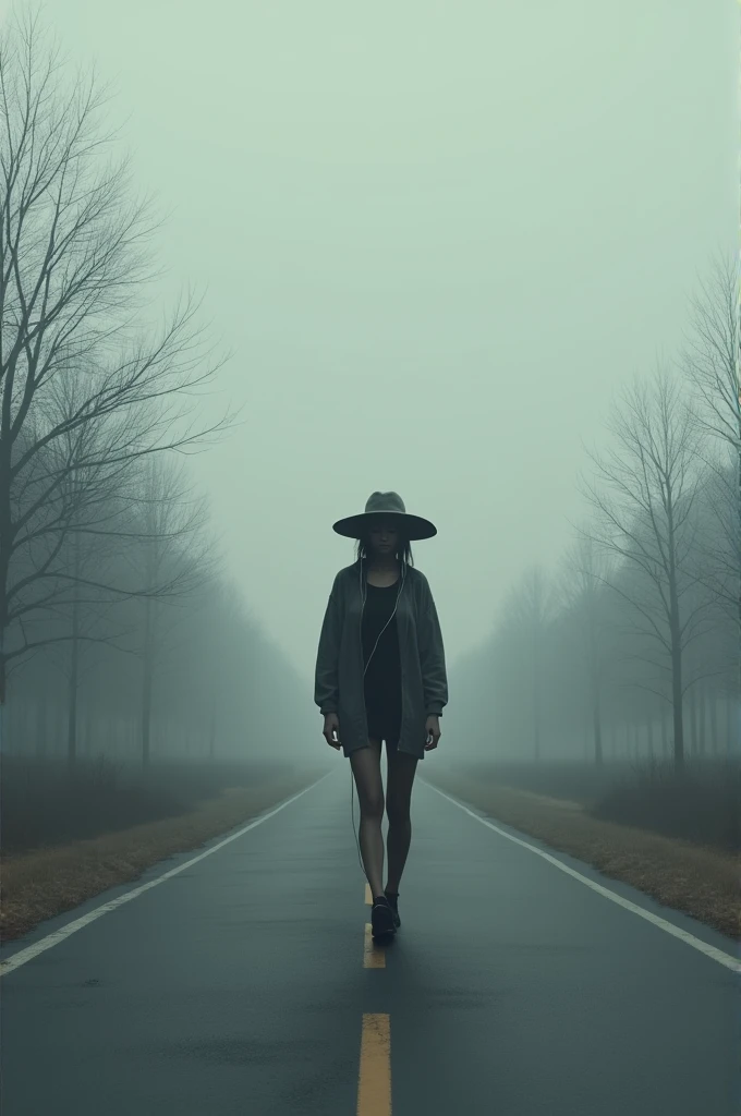 Girl walking on the road listening to music radiates a lonely aura