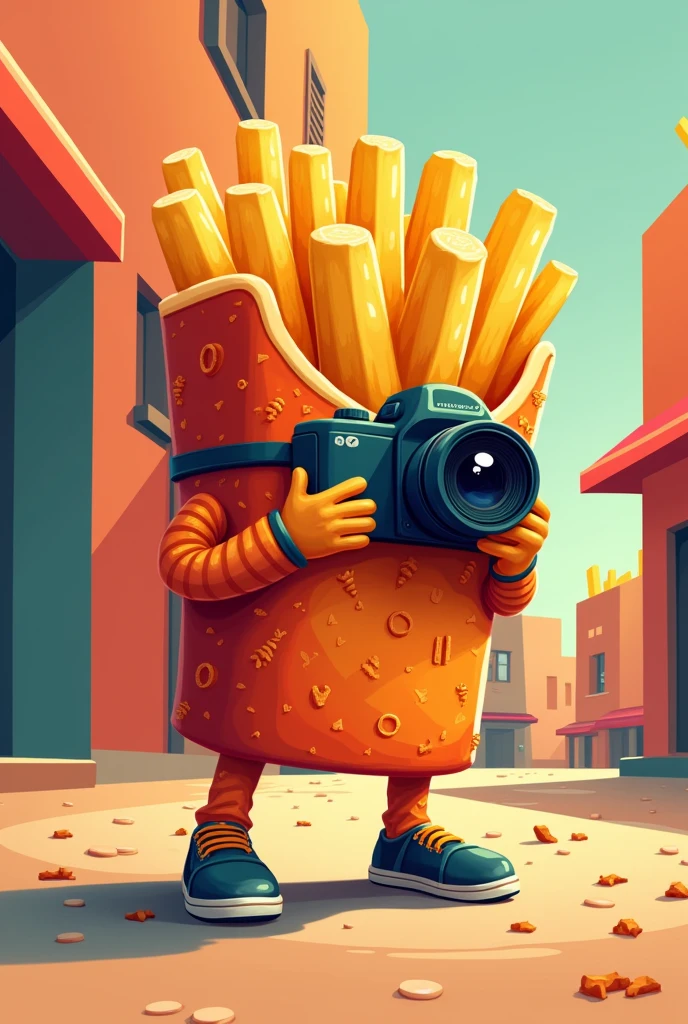 an animated French fry disguised as a vectorized paparazzi