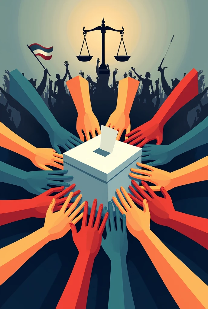 Composition: Place the ballot box in the center of the drawing, surrounded by hands joined in a circle. Aside, the scales of justice and in the background, people raising the flag.
colors: Use bright and varied colors for hands and people, but sober and serious colors for the urn and the scales, highlighting the importance of these elements.
