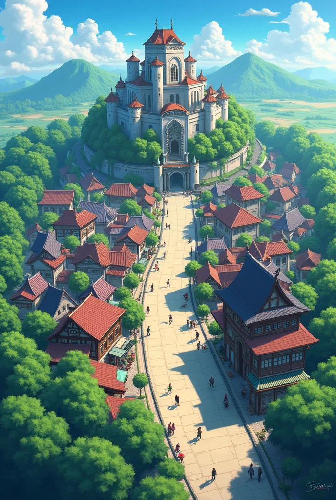 アニメ, anime city, in the center a large castle on top of a hill, circular city surrounded by walls with a large exit gate with a bridge, around the city a forest and a plain, on the right side a mansion, on the main street shop cabins, isometric view