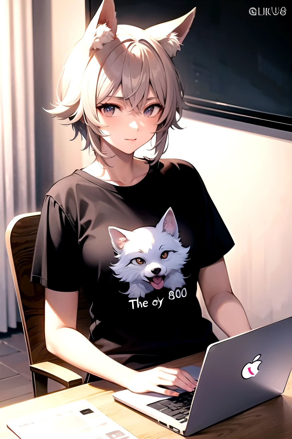Senko the fox from the anime 800 Year Old Wife sits in a black T-shirt with the inscription "Linux User" and does something on her laptop