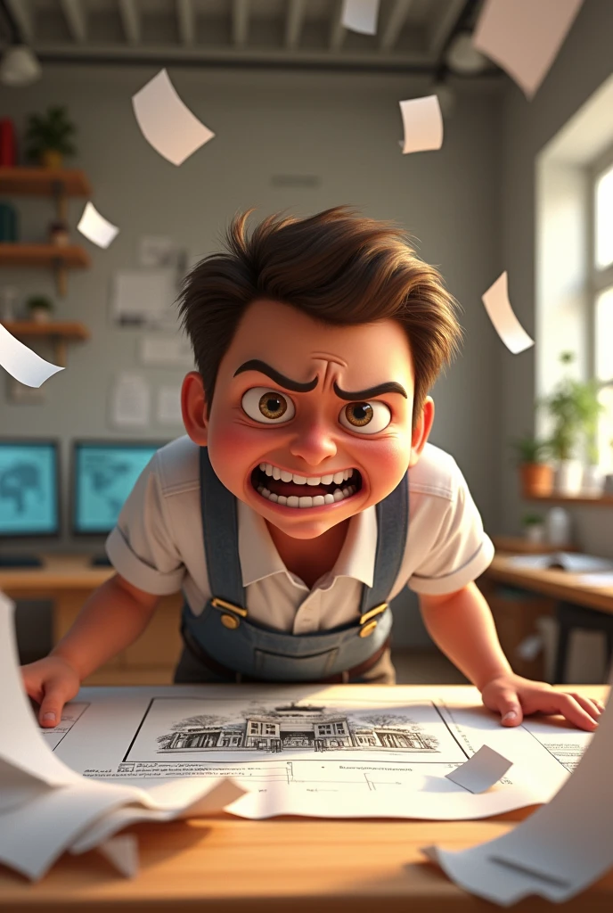 person tearing up an architectural project with a disdainful tone and mocking expression in the Disney Pixar style



