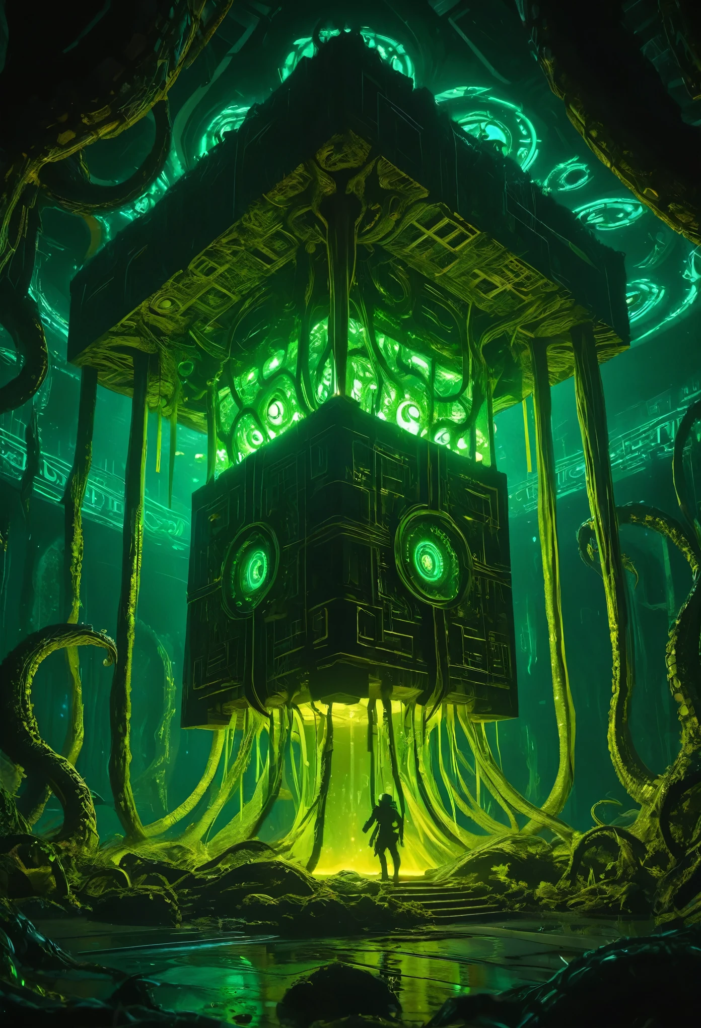 A gigantic floating cuboid structure with dark, twisting tentacles, radiating an intense green light from the circular patterns and eyes with illuminated symbols embedded in their faces. The scene has a dark and futuristic atmosphere., with a greenish-yellow lighting that envelops the entire space, full of geometric shapes and blocks suspended in the air. Two tiny, zombified figures appear to be wandering in front of this monstrous entity., highlighting its colossal scale. The atmosphere is oppressive and mysterious., as if the place were a prison or a temple of some cosmic deity. The style is a combination of science fiction and cosmic horror, with intricate details and a sense of alien grandeur.