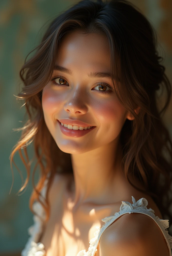 a beautiful young woman, detailed face, beautiful eyes, long eyelashes, elegant smile, delicate features, flowing hair, graceful pose, flawless skin, glowing light, vibrant colors, cinematic lighting, ethereal atmosphere, intricate details, masterpiece, photorealistic, high quality, hyper detailed, dramatic lighting