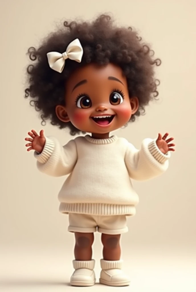 cute child, glad, Black-skinned, curled hair, at , standing, wearing white sweater, without shoes, with white socks, white bow on the head, with Disney Face