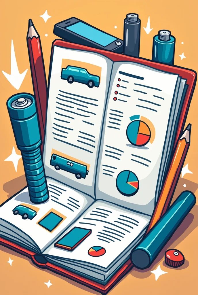 I&#39;m looking for an illustration of a manual, a flashlight, batteries, pencil and cell phone Drawing style: Modern and vector, with smooth, clean lines, and vibrant colors. Cartoonish but realistic. Color: Using a palette of bright and contrasting colors that are pleasant and eye-catching. FORMAT: Illustrations arranged in a book or manual style. This illustration is intended for a guidance and training manual, so it must be clear, accessible and visually appealing."
