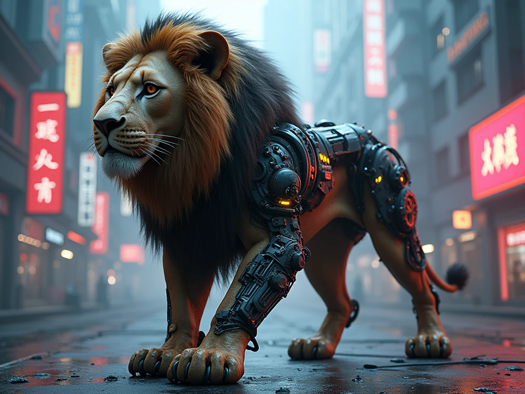 Cyberpunk lion with steampunk elements, seamlessly blended into a cyberpunk environment, mysterious and dystopian ambiance, masterpiece digital art, highly detailed, 8k resolution, photorealistic rendering, cinematic lighting with dramatic shadows, vibrant neon colors contrasting with metallic tones, intricate mechanical details on the lion's body, glowing cybernetic enhancements integrated into its fur and limbs, dynamic pose suggesting movement, gritty futuristic atmosphere, neon-lit city background with towering skyscrapers, holographic advertisements, and steam-powered machinery, created using advanced 3D modeling and digital painting techniques, inspired by the works of artists like Syd Mead and John Harris, with a touch of Blade Runner aesthetic.