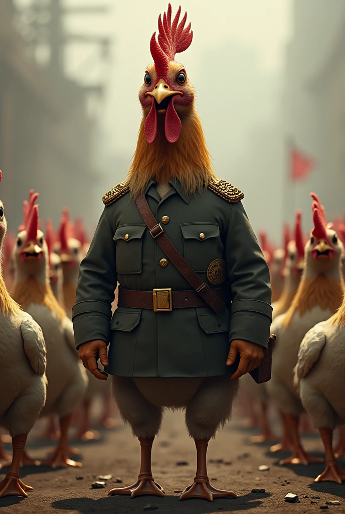 Chicken soldier in a crowd of duck soldier