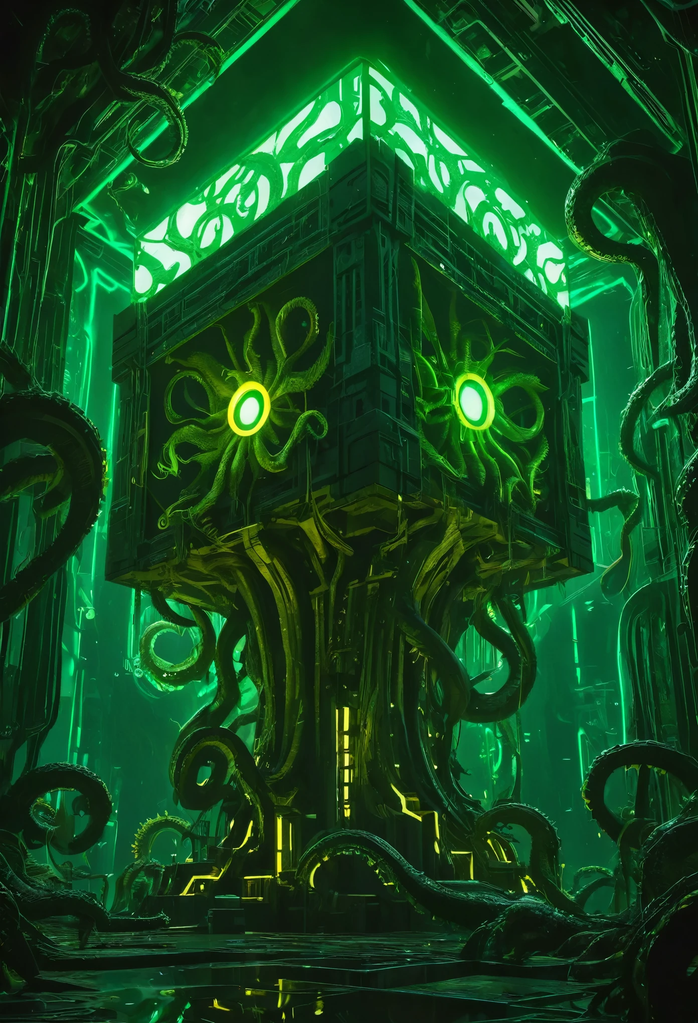 A gigantic floating cuboid structure with dark, twisting tentacles, radiating an intense green light from the circular patterns and eyes with illuminated symbols embedded in their faces. The scene has a dark and futuristic atmosphere., with a greenish-yellow lighting that envelops the entire space, full of geometric shapes and blocks suspended in the air. Two tiny, zombified figures appear to be wandering in front of this monstrous entity., highlighting its colossal scale. The atmosphere is oppressive and mysterious., as if the place were a prison or a temple of some cosmic deity. The style is a combination of science fiction and cosmic horror, with intricate details and a sense of alien grandeur.