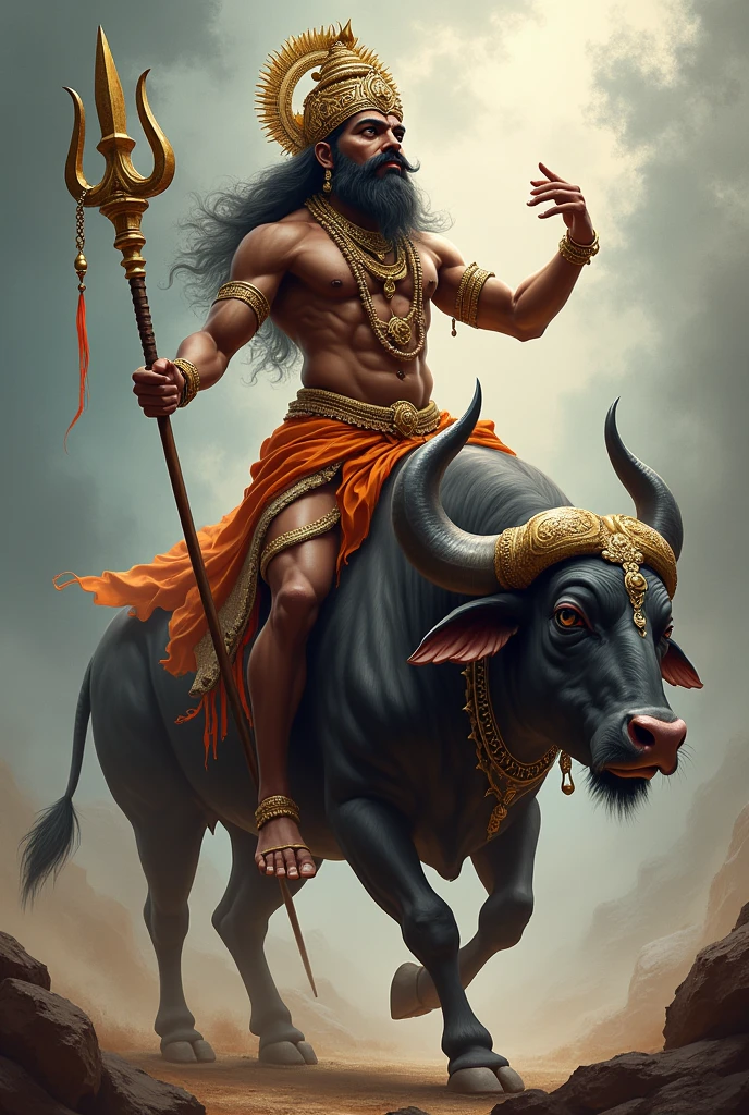 Men Hindu god vishnumaya kuttichathan on top of buffalo with his kuruvadi with poker face