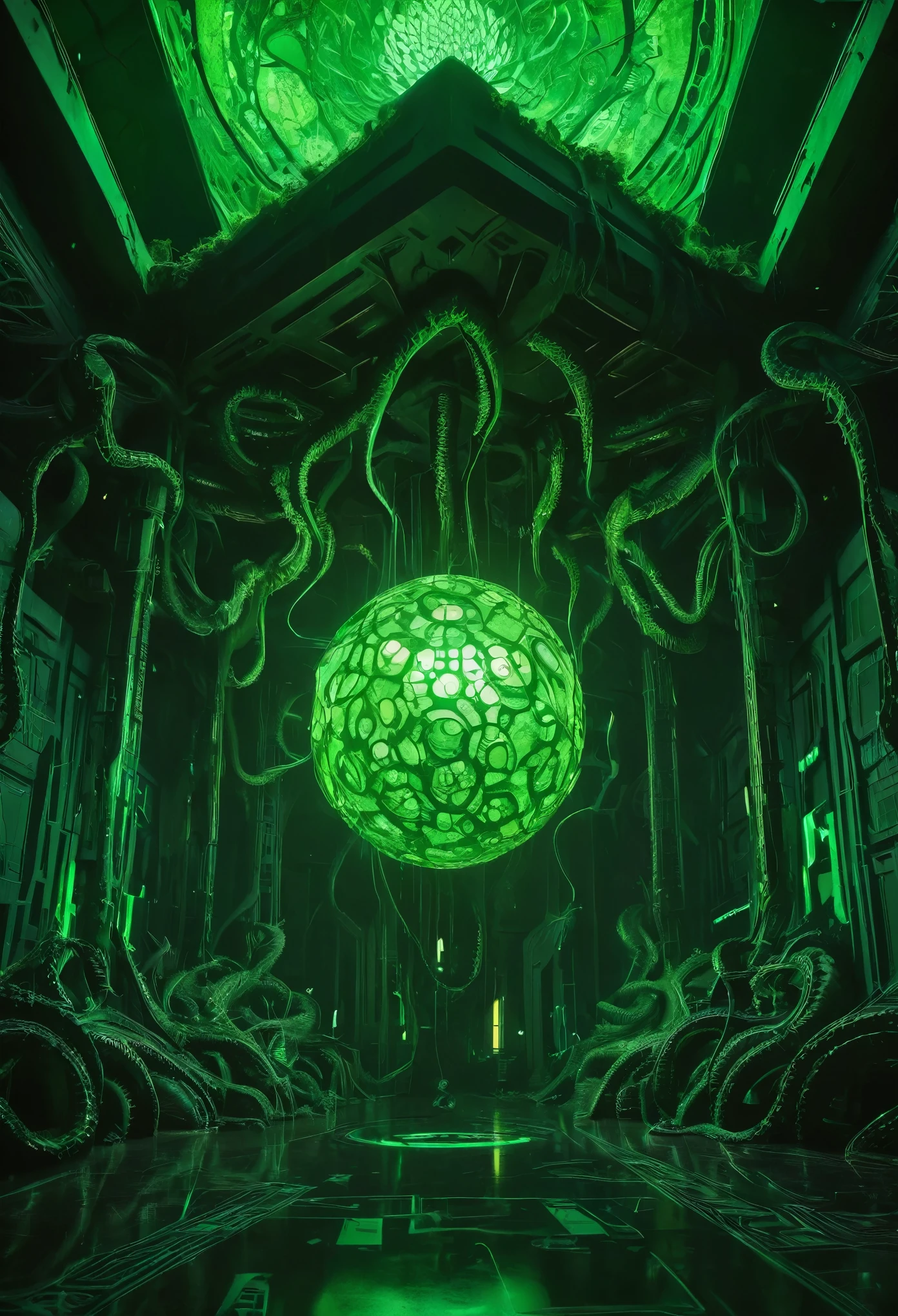 A gigantic floating cuboid structure with dark, twisting tentacles, radiating an intense green light from the circular patterns and eyes with illuminated symbols embedded in their faces. The scene has a dark and futuristic atmosphere., with a greenish-yellow lighting that envelops the entire space, full of geometric shapes and blocks suspended in the air. Two tiny, zombified figures appear to be wandering in front of this monstrous entity., highlighting its colossal scale. The atmosphere is oppressive and mysterious., as if the place were a prison or a temple of some cosmic deity. The style is a combination of science fiction and cosmic horror, with intricate details and a sense of alien grandeur.