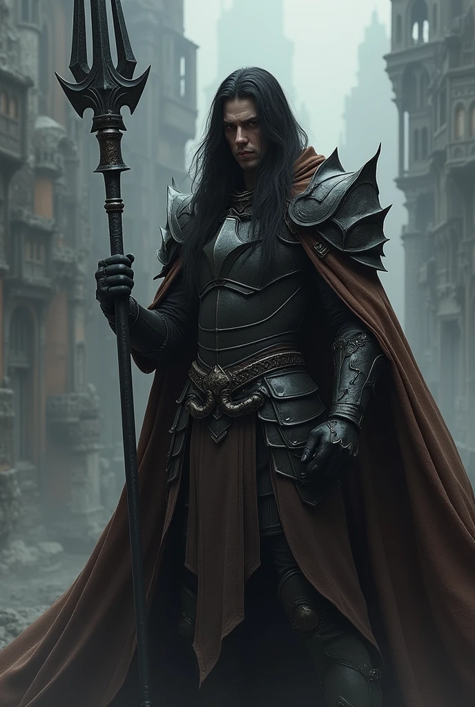 Generate a male who looks like Ronnie Radke. He has long black hair. He wears black and grey armor with a long brown cloak and hood. He holds a lance with a wide blade. Dark castle in background. Dark fantasy style. Realistic digital drawn image.