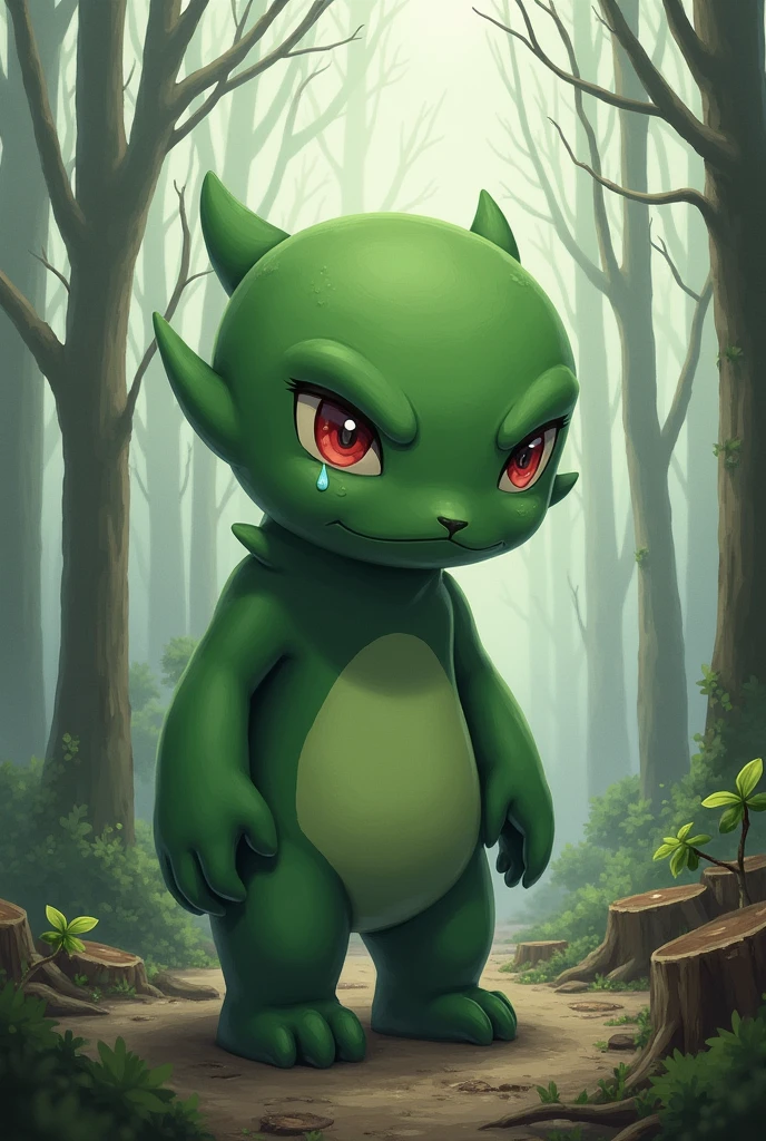 Make A SAD green character Pokémon type that represents the logging of Forests