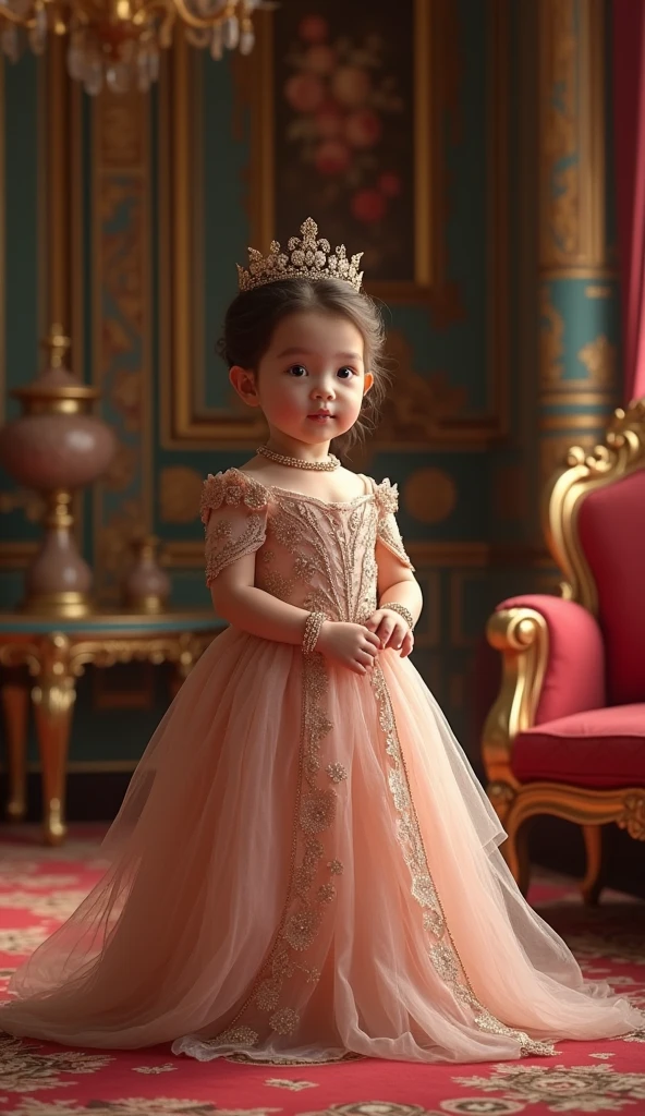 Create a UHD photorealistic image of an 18-month-old girl named Cyrielle, dressed in a royal-looking outfit, standing in a beautifully decorated room with regal colors. Captured with an 85mm f/1.8 lens to highlight the noble ambiance and her graceful pose. Ensure exactly five fingers, no 3D style image, no animation style, no Pixar style animation.
