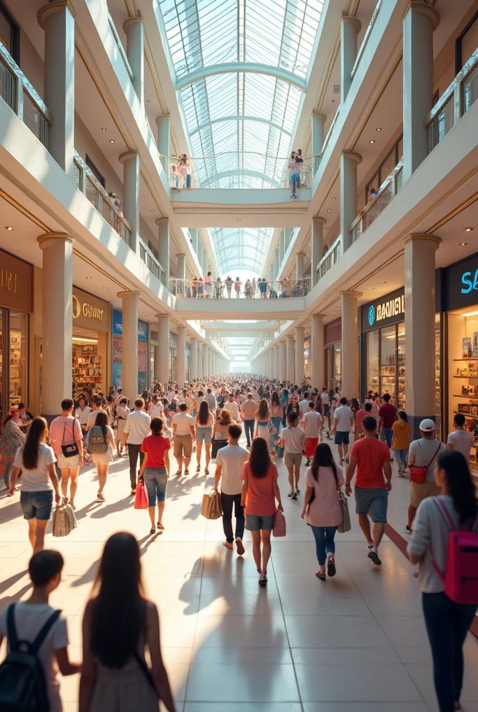 Draw a shopping mall full of people with lots of bags in their hands