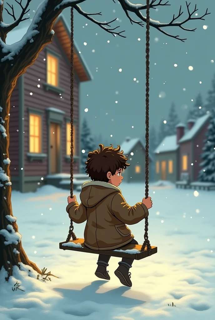 A very simple drawing of a curly haired orphan boy sitting on a swing outside a school in a small town on Christmas Eve