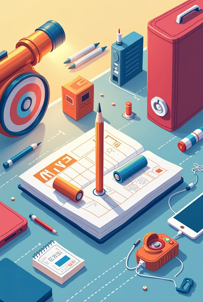 I'm looking for an illustration of a manual, a flashlight, batteries, pencil and cell phone Drawing style: Modern and vector, with smooth, clean lines, and vibrant colors. Cartoonish but realistic. Color: Using a palette of bright and contrasting colors that are pleasant and eye-catching. FORMAT: Illustrations arranged in a book or manual style. This illustration is intended for a guidance and training manual, so it must be clear, accessible and visually appealing."