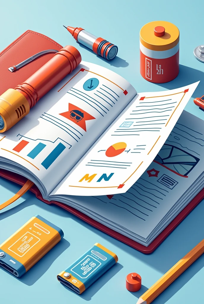 I'm looking for an illustration of a manual, a flashlight, batteries, pencil and cell phone Drawing style: Modern and vector, with smooth, clean lines, and vibrant colors. Cartoonish but realistic. Color: Using a palette of bright and contrasting colors that are pleasant and eye-catching. FORMAT: Illustrations arranged in a book or manual style. This illustration is intended for a guidance and training manual, so it must be clear, accessible and visually appealing."