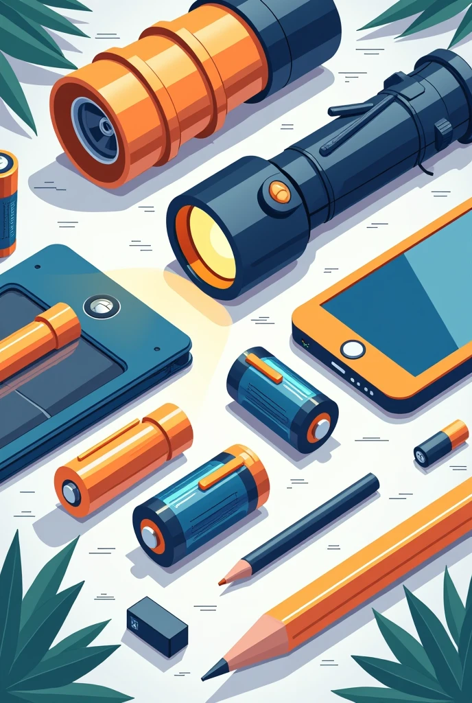 I&#39;m looking for an illustration of a manual, a flashlight, batteries, pencil and cell phone Drawing style: Modern and vector, with smooth, clean lines, and vibrant colors. Cartoonish but realistic. Color: Using a palette of bright and contrasting colors that are pleasant and eye-catching. FORMAT: Illustrations arranged in a book or manual style. This illustration is intended for a guidance and training manual, so it must be clear, accessible and visually appealing."
