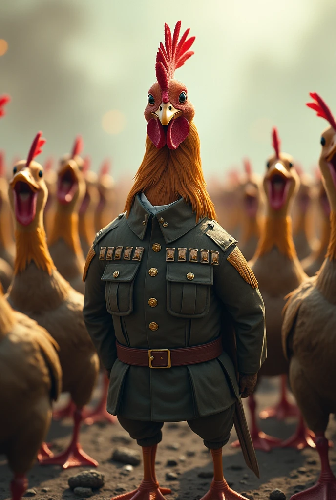 Chicken soldier in a crowd of duck soldier