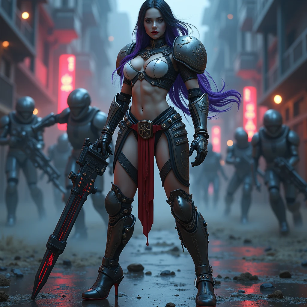 Masterpiece, Best Quality, Official Art, (Highly Detailed CG Unity 8k wallpaper), Detailed background, (Hands by Guido Daniele: 1.1). Full body pose sexy sisters of battle from the warhammer 40k, shooting at the enemy, white armor with intricate details, red armor with intricate details, religous symbols on the armor, sisters of battle, warhammer 40k, Massive silicone breast, pale skin, seductive, temptation, eat your soul, clevage, long flowing black hair with purple highlights, heavy gothic makeup, at night, neon, beautiful detailed eyes, beautiful detailed lips, extremely detailed eyes and face, long eyelashes, highly detailed armor, intricate futuristic weaponry, dramatic lighting, cinematic composition, muted color palette, gritty and realistic, mecha, science fiction, hyper-detailed, photorealistic, award winning digital art, 8k, HDR, masters work, in the middle of a battle field, full body combat action pose, explosions and fire around, full war, stunning, Stilleto heels, high heels, full body pose, cinematic, movie trailer, final stand!, nemesis, ready to strike, dust and debree, combat screams, attacking, shooting at the enemy, running forward, last line of defense, charging, fanatic, religious, templar knights, sisters of battle, warhammer 40k