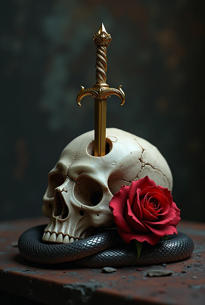 An image that works in one, a small golden dagger, A snake, a skull. Let the dagger pierce the skull, May the snake surround them along with the rose