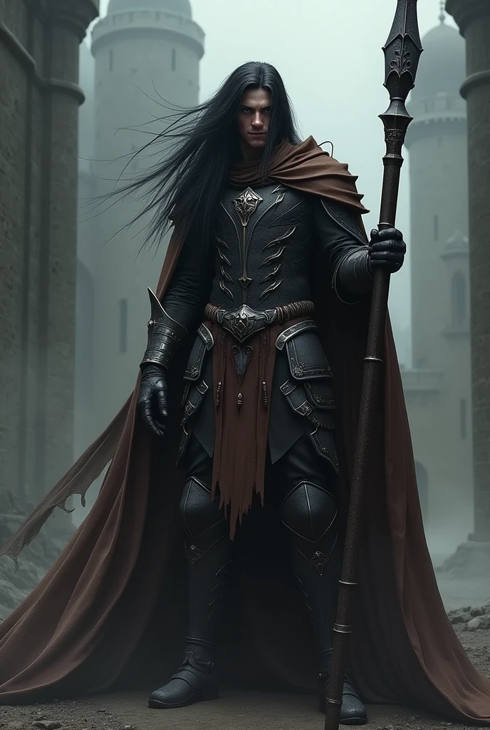 Generate a male who looks like Ronnie Radke. He has long black hair. He wears black and grey armor with a long brown cloak and hood. He holds a lance with a wide blade. Dark castle in background. Dark fantasy style. Realistic digital drawn image.