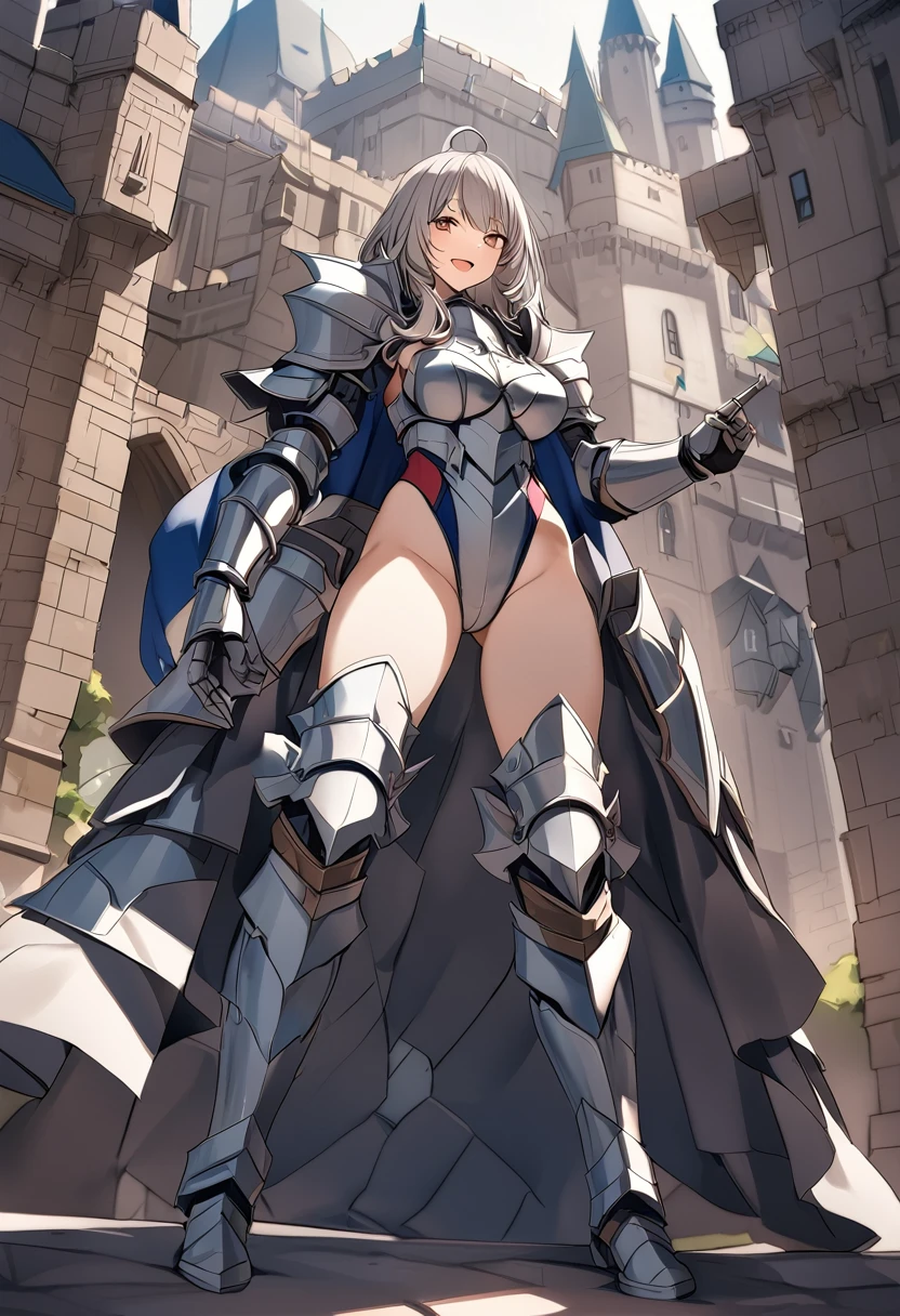 Woman knight、a beauty girl、huge tit、Excellent style、Nice Buddy、glamorous、leotard、s Armor、Bra chest armor、knee boots、gauntlets、hair adornments、silber hair、Longhaire、Ahoge、a medieval castle、is standing、full body seen、Outside the castle、natta、a smile、slightly open mouth