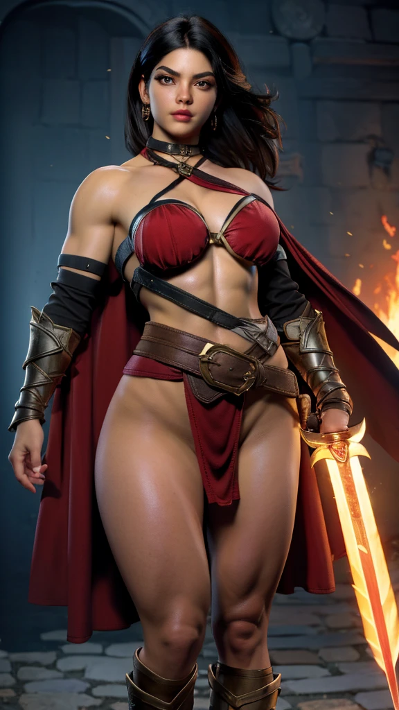 (masterpiece), best quality, expressive eyes, perfect face(masterpiece), best quality, expressive eyes, perfect face, Female warrior, very short black hair, scar on left eye, bronze skin, red lips, amber eyes, muscular, wide hips, large breasts, holding a sword, red cape torn shoulder, arm sleeves, belt on legs, steel plate boots, steel plate gauntlets, chocker, breast plate, pussy plate, body scars, standing, arm armor, leg armor, half naked