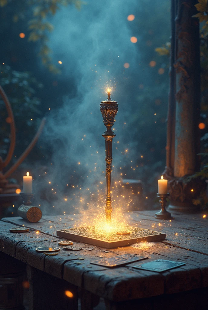 Art surréaliste et fantastique. Onirique. Posé sur une table en bois un sceptre magique et quelques cartes shinny magiques. Scintillante. Scintillement. Brouillard autour. Beaucoup de couleurs. Peinture.