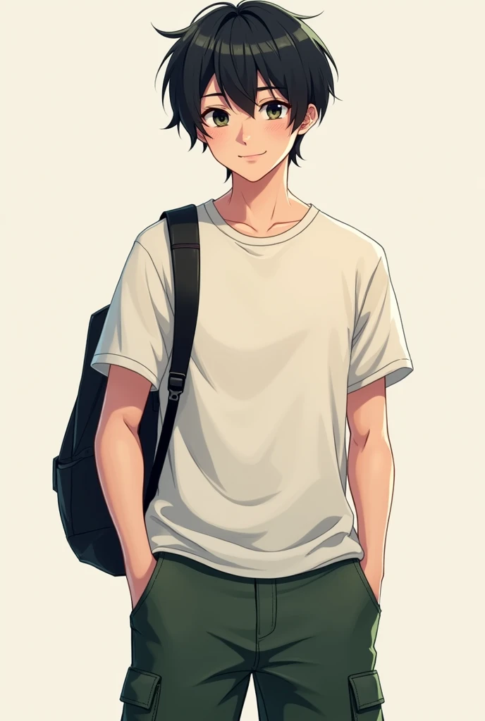 A male college student with short black hair and a bright personality。Dark green cargo pants　T-Shirts　Anime taste　Black Eyes　Normal system