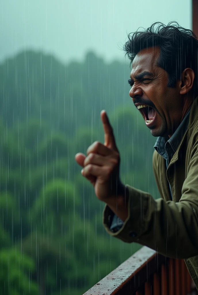 create cinematic, photo realistic film poster of a man shouting, looking downwards from the balcony of his first floor bungalow, finger pointing, heavy rain, monsoon, outskirts of Darjeeling,