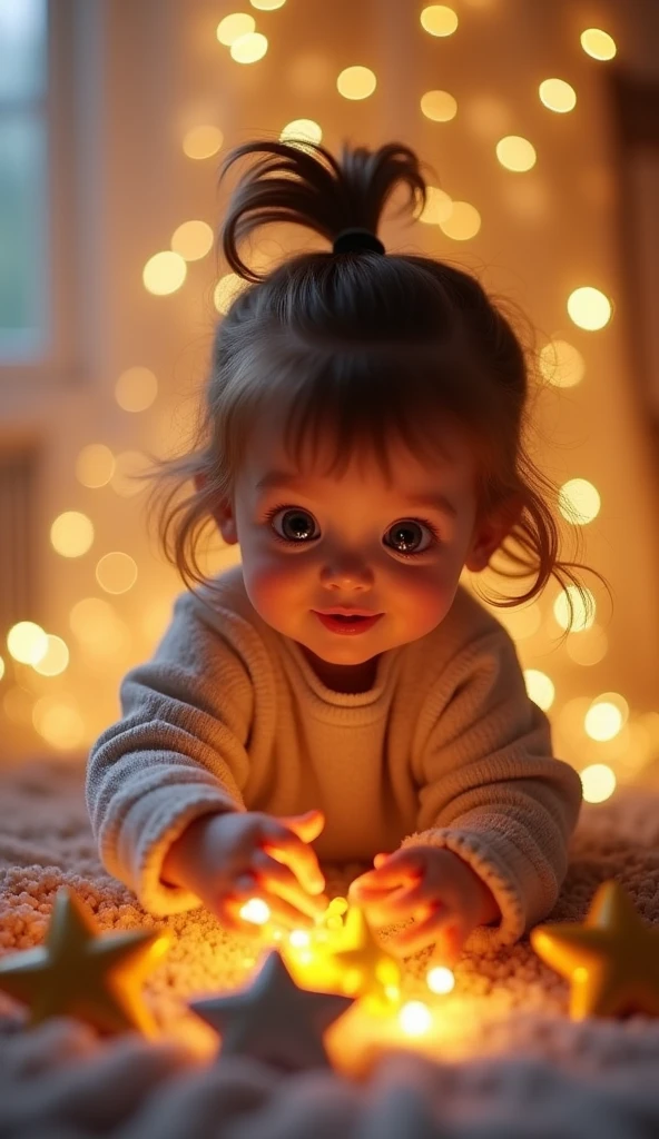 Create a UHD photorealistic image of a 30-month-old girl named Zélina, playing with star-shaped toys in a room adorned with twinkling lights. Captured with a 24mm f/1.4 lens to highlight the sparkling background and her bright expression. Ensure exactly five fingers, no 3D style image, no animation style, no Pixar style animation.