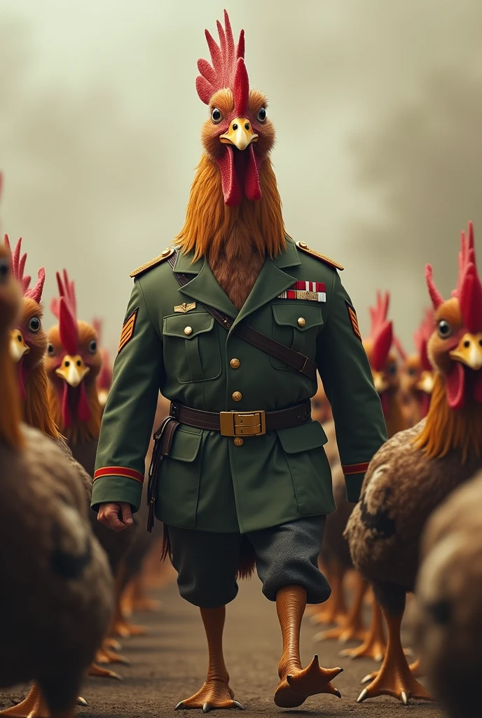 Chicken soldier in a crowd of duck soldier