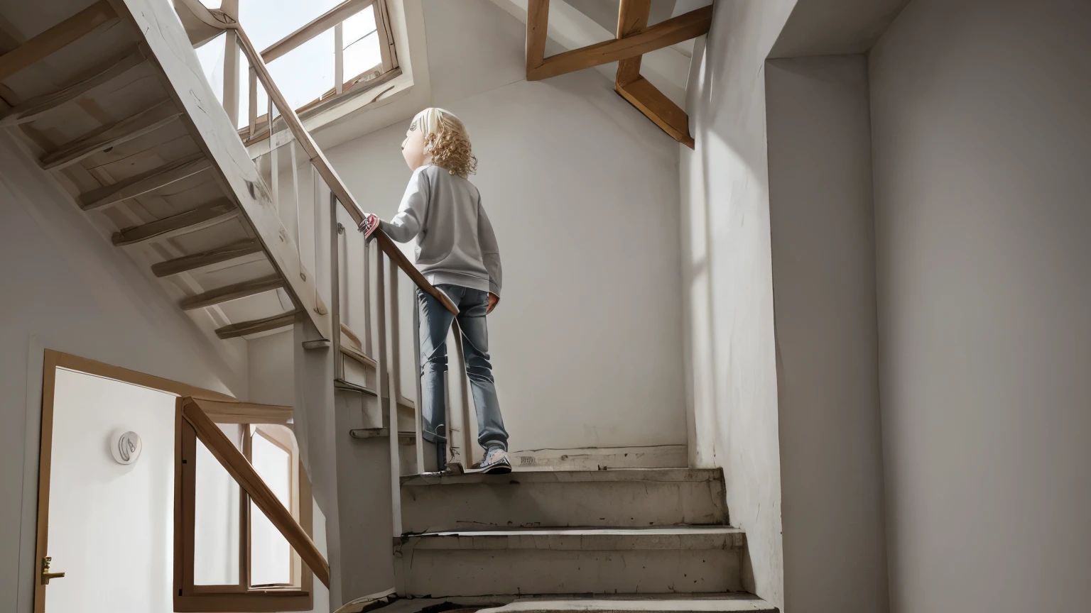 Zdenka Hoa, ten-year-old girl, white, with blond curly hair, light gray shirt, long sleeves, brown pants, gray sneakers, seen from the back, climbing a narrow and steep staircase leading to an attic, book illustration style children's, anime art