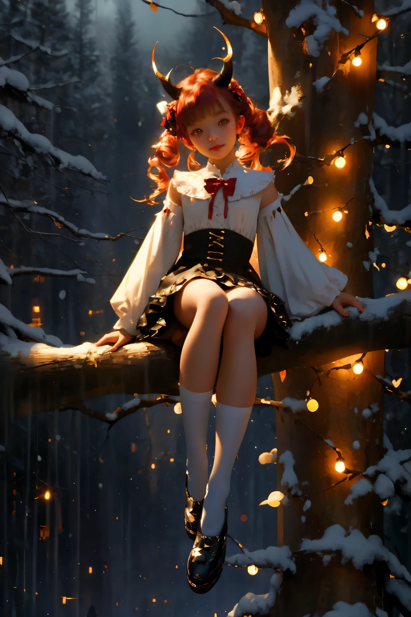 uhd, 4k, textured skin, good quality, High details, ​masterpiece, best quality, (Amazingly absurd:1.2), (​masterpiece:1.2), 1 Vampire Girl sitting on tree branch looking down at viewer, little horns, dress with ruffles, evil smirk, glowing eyes, shiny hair , fullbody, two colored hair, hairbow, black knee socks, Kawaiitech, soft colours, Kawaii, Beautiful colors, studio lighting, (Forest:1.5), (Rain:1), (Night:2), 