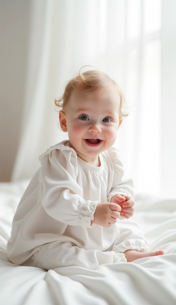 Create a UHD photorealistic image of a 9-month-old girl named Nolwenn, wearing a pure white dress, playing in a serene white room. Captured with a 50mm f/1.2 lens to emphasize the purity and soft lighting of the scene. Ensure exactly five fingers, no 3D style image, no animation style, no Pixar style animation.