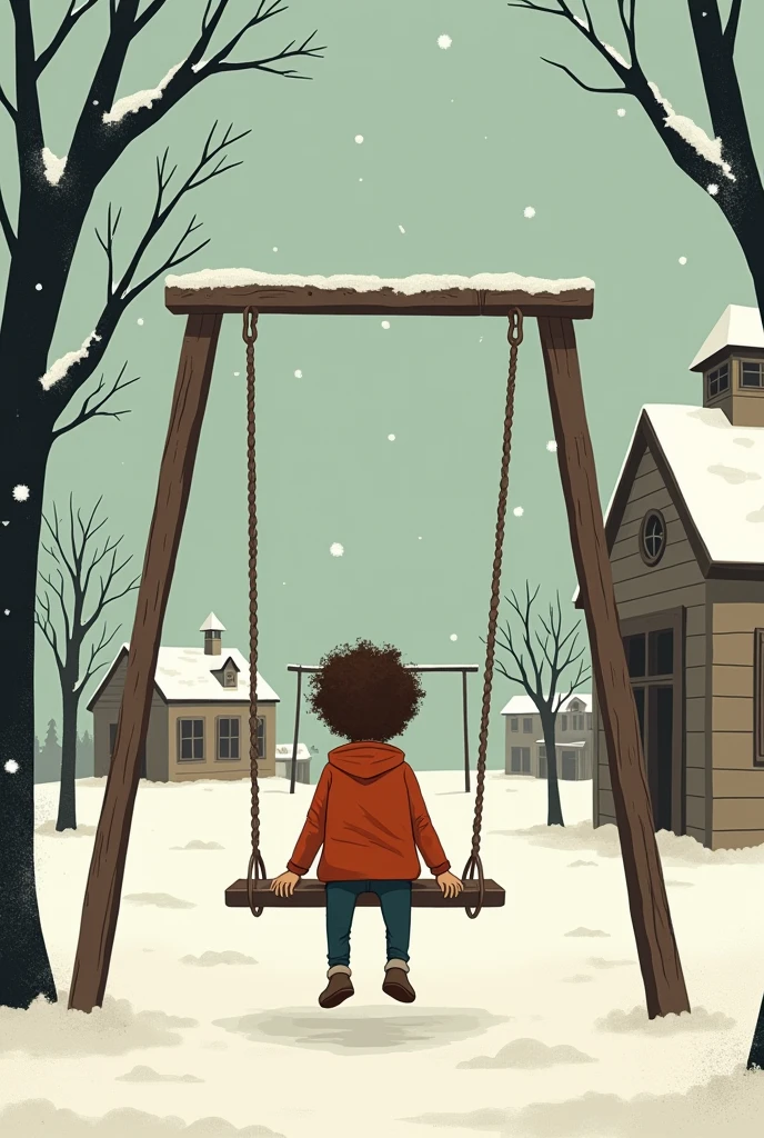 A very simple and easy drawing of a curly haired orphan boy sitting on a swing outside a school in a small town on Christmas Eve