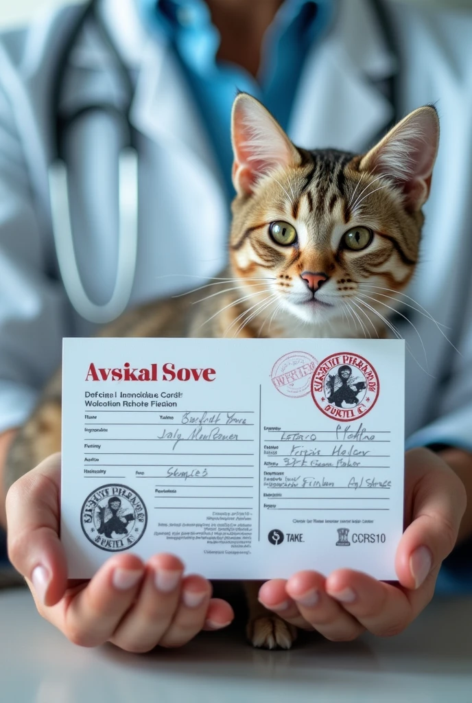 Show me a photo taken of a feline vaccination card

