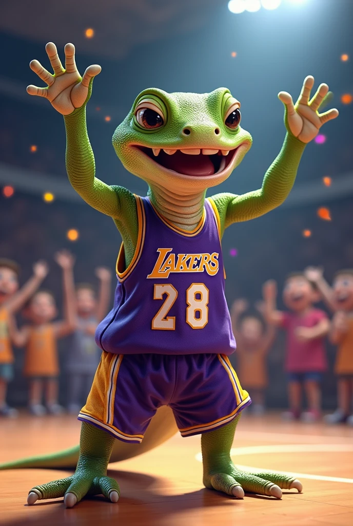 lizard with the lakers shirt celebrating a lot