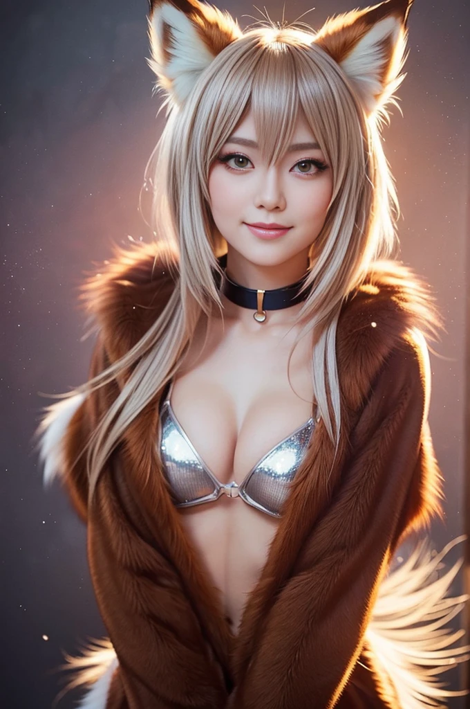 sexy swedish model, (-anime), only 1 model, very short hair, beautiful smile, lip-gloss, long lashes, defined eyebrows, long fur fox color scheme, ((long fur fox cosplay)), fox ears, fox tail, fox choker, look at the camera, cinematic light, (sparkling long fur background), sweet and sexy pose