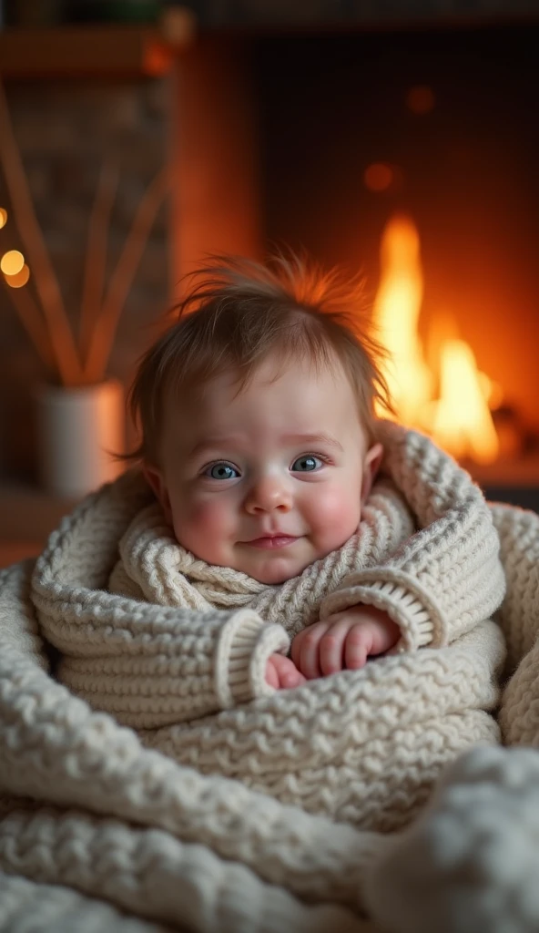 Create a UHD photorealistic image of a 15-month-old girl named Séraphine, snuggled up in a warm, cozy blanket by a fireplace. Captured with a 35mm f/1.8 lens to capture the warmth and comfort of the setting. Ensure exactly five fingers, no 3D style image, no animation style, no Pixar style animation.