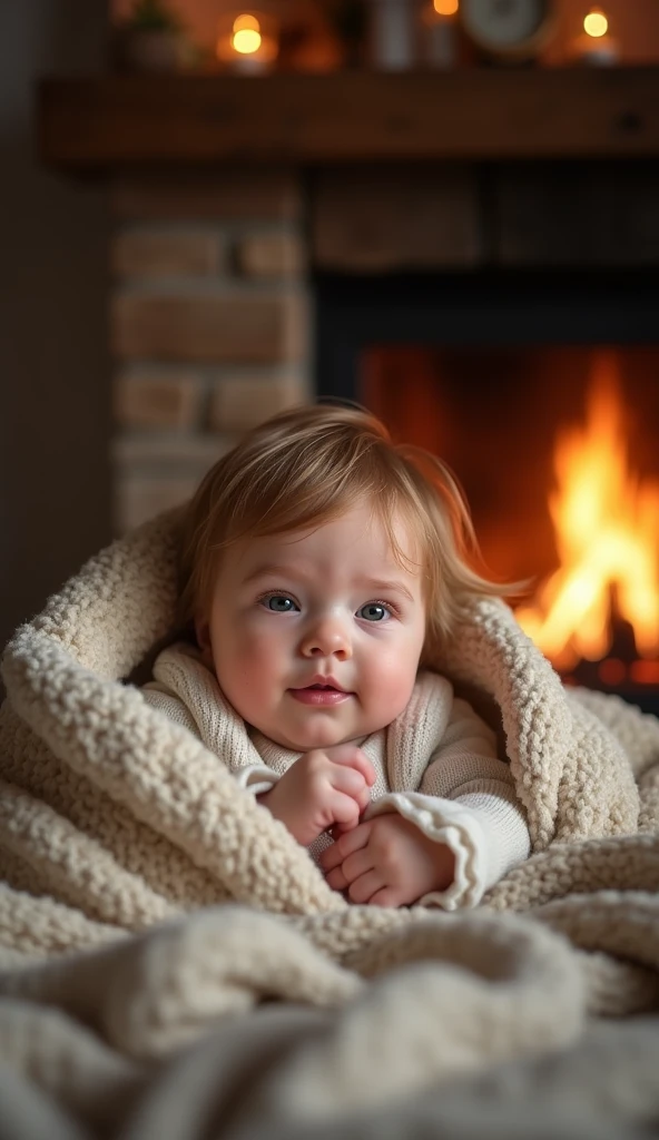Create a UHD photorealistic image of a 15-month-old girl named Séraphine, snuggled up in a warm, cozy blanket by a fireplace. Captured with a 35mm f/1.8 lens to capture the warmth and comfort of the setting. Ensure exactly five fingers, no 3D style image, no animation style, no Pixar style animation.