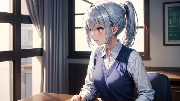 Beautiful lighting, 1 girl, alone, Female college student、Akane,Blue and silver hair, White shirt, Sweater vest, ((Anime Style))、((2D))、Laughter、(((ponytail)))、A one-room university student&#39;s room、Sitting in physical education、whole body