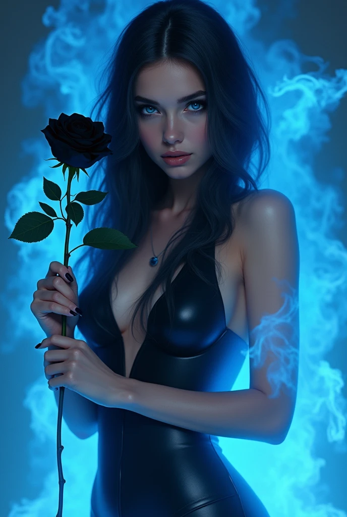 A picture of an extremely beautiful woman, with very blue eyes, small nose, labios carnosos very beautiful, with a black leather jumpsuit, surrounded by a blue fire, and a black rose in her hand, very beautiful