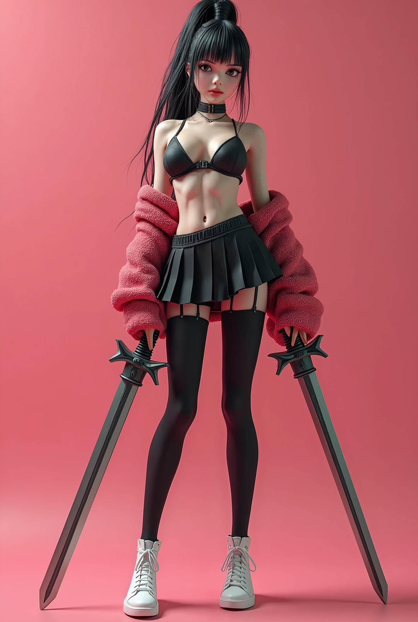 work of art, best qualityer, super rendering, super realistico, Highly detailed face, Clean and delicate face, all-body, Squat and wield a long sword, cyberpunk girl in seductive pose, Wearing a sweater and a pleated miniskirt, ass naked, legs spread open, sleeveless, black pantyhose, white short boots, gazing at viewer, simple color background