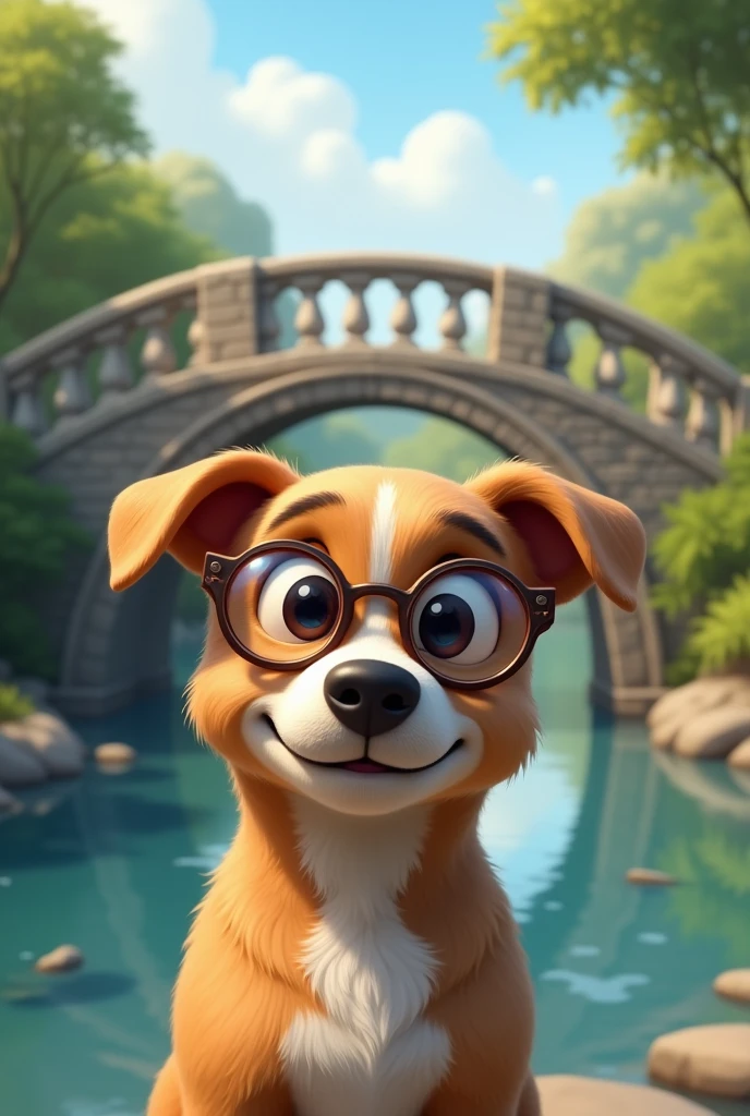 Chien en lunette devant un pont